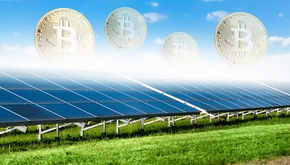 Large solar farms with bitcoins clean renewable energy from the sun, energy bitcoin mining concept