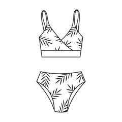 Swimsuit icon. Women top and 
underpants with palm leaves. Swimming clothes. Isolated icon in line style.
