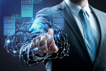 Artificial intelligence assistance with brain hologram user interface screen infograph, Medical...