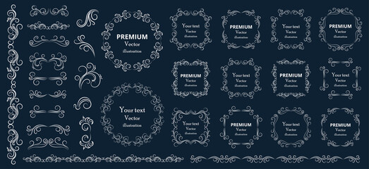 Fototapeta premium Calligraphic design elements . Decorative swirls or scrolls, vintage frames , flourishes, labels and dividers. Retro vector illustration