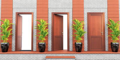 Set of closed and opened brown doors on bricks wall with plants, Realistic wooden doors, 3D render