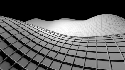 Gradient White Mathematical Geometric Abstract Line and Surface Wave under Spot Lighting Black Background. Concept image of technological innovations, strategies and revolutions. 3D CG.