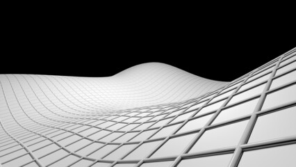 Gradient White Mathematical Geometric Abstract Line and Surface Wave under Spot Lighting Black Background. Concept image of technological innovations, strategies and revolutions. 3D CG.