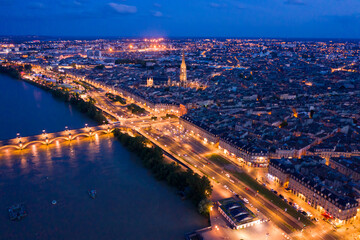 Night view from the drone on the Bordeaux. France