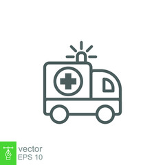 Ambulance icon, outline emergency car, medicine van, care medic support, thin line web symbol on white background. Vector illustration EPS 10.