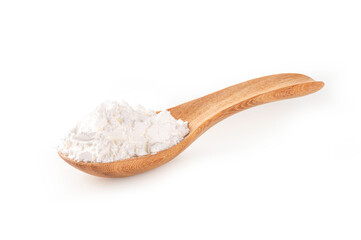 White corn flour in wooden spoon isolated