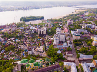Aerial view of modern Voronezh cityscape on banks of Voronezh river, Russia..