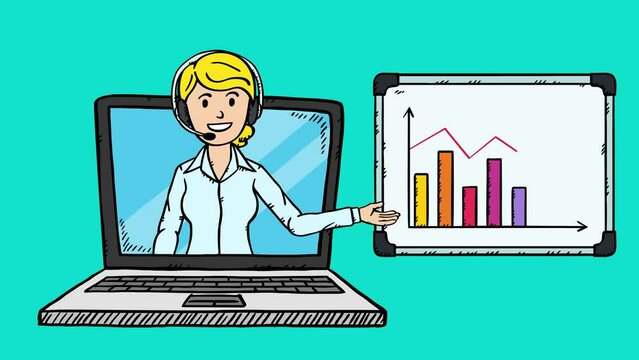 Animation of a web presentation for an online course. A happy business woman appears on a laptop screen and presents data on a flipchart. The animation is in an easy to edit loop.