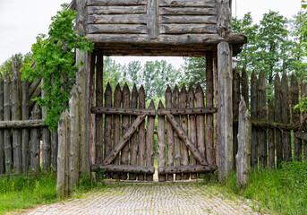 Ancient wooden gate, medieval tower