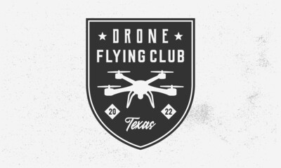 Drone flying club. Drone club logo, badge. poster. Drone trendy badge with drone silhouette. Vector emblem template. - obrazy, fototapety, plakaty