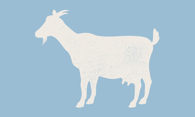 Goat silhouette with grunge texture. Goat icon isolated on blue background. Seal, Stamp design for meat shop, restaurant menu. Vintage typography. Vector Illustration