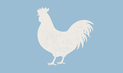 Rooster silhouette with grunge texture. Rooster icon isolated on blue background. Seal, Stamp design for meat shop, restaurant menu. Vintage typography. Vector Illustration