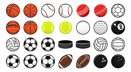 Set of 28 Sport balls icons. Cricket, Baseball, American Football, Soccer, Volleyball, Golf, Basketball, Hockey, Billiard, Bowling, Tennis, Cricket. Trendy logo designs. Vector illustration.