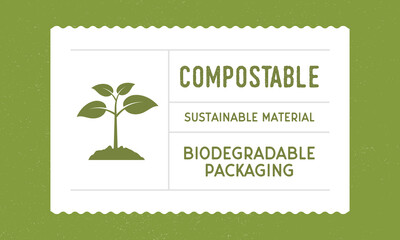 Compostable tag with growth plant. Biodegradable packaging design. Recycle label, tag, sticker design for packaging. Old label template. Vector illustration
