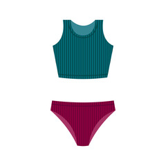 Stylish female swimwear. Bikini with striped colorful top and panties. Isolated vector illustration in flat style.