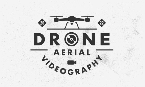 Drone, UAV Videography Logo, Poster. Drone Trendy Logo With Drone And Video Camera Icons. Vector Emblem Template.