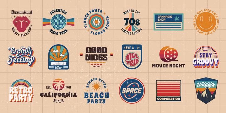 Vector set of signs and logos in Groovy style. Retro 60's, 70's logos set for Summer party, music album, party invitation designs. Print for t-shirt, tee. 18 vintage Hippie logo designs.	