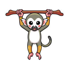 Cute little squirrel monkey cartoon hanging on tree