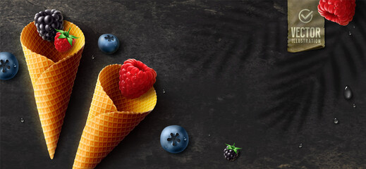 Vector realistic ice cream and fruits. Green tropical leaf shadow on dark background.