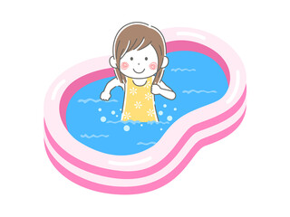 家庭用のビニールプールで遊ぶ、水着の女の子のイラスト