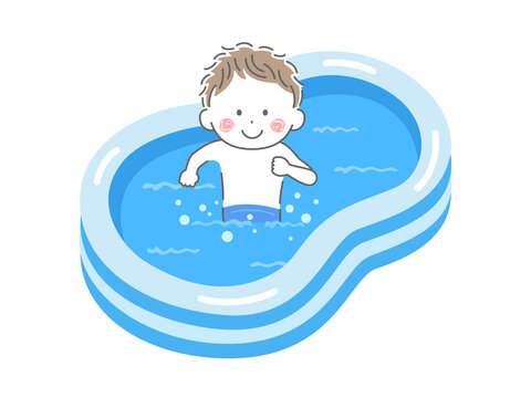 家庭用のビニールプールで遊ぶ、水着の男の子のイラスト
