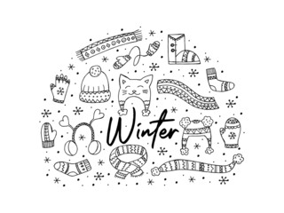 A set of hand-drawn winter clothing. Vector illustration in doodle style. Winter mood. Hello 2023. Merry Christmas and Happy New Year. Black elements in the shape of a circle on a white background.
