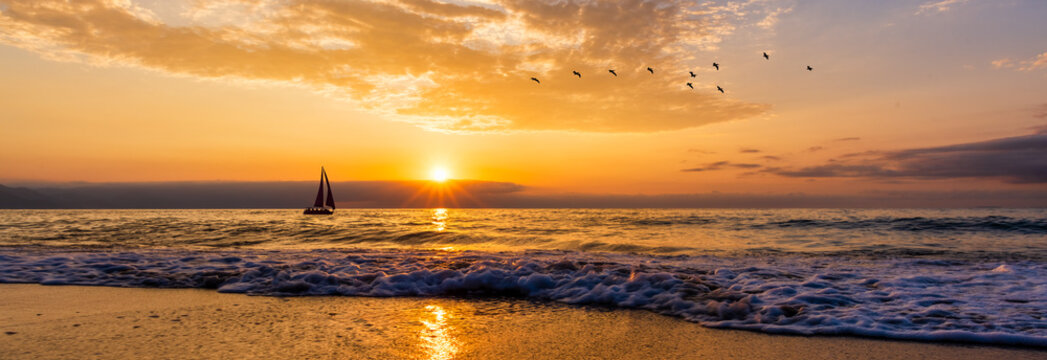 Sunset Inspirational Sailboat Ocean Landscape Banner