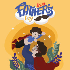 Father and son with happy faces, illustration for Father's Day.