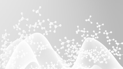 Molecular structure of white atom with mathematical geometric wavy surface under high-key lighting background. Concept image of vaccine development, regenerative and advanced medicine. 3D CG. 