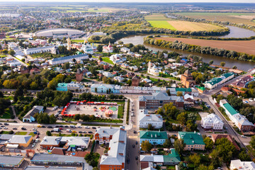 Obraz premium Aerial copter view of modern cityscape of Kolomna overlooking ancient Kremlin, Moscow region, Russia