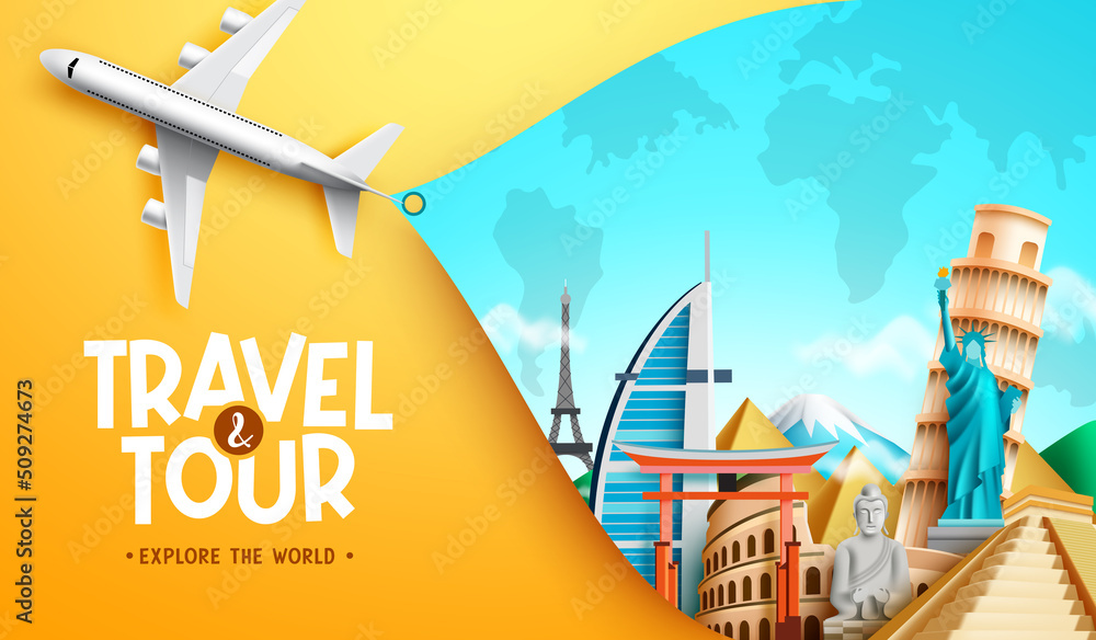 Wall mural travel worldwide vector concept design. travel and tour text with 3d airplane and international dest