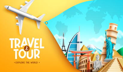 Travel worldwide vector concept design. Travel and tour text with 3d airplane and international destination landmark for explore the world travelling places. Vector illustration.
