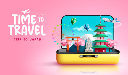 Travel japan vector design. Travel time trip to japan text with country landmark, structure, nature and cherry blossom elements for fun and enjoy travelling adventure. Vector illustration.
