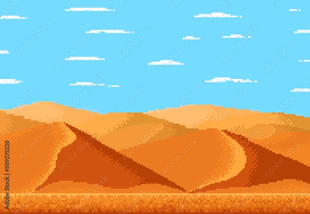 Poster pixel art desert landscape, 8bit game background with sand and sky, vector scene. 8 bit pixel game o