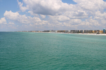 Coastline view from the ocean - line of hotels and resorts