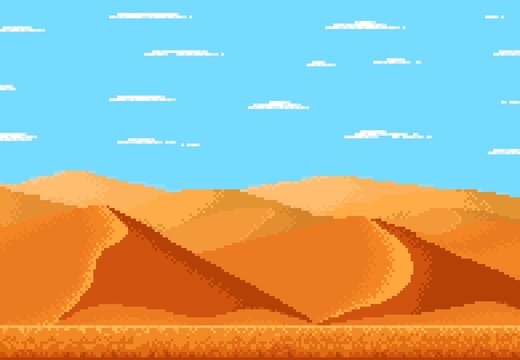 Pixel art desert landscape, 8bit game background with sand and sky, vector scene. 8 bit pixel game or video arcade cartoon level of desert and sky landscape of Egypt or Sahara sands