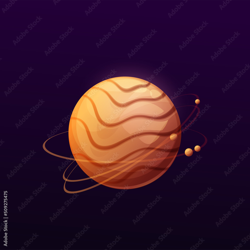 Poster cartoon striped brown space planet with rings. vector galaxy globe with satellites flying around. fa