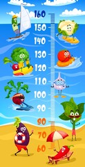 Cartoon vegetable characters on summer vacation. Kids height chart, growth meter. Vector cucumber, broccoli, radish and eggplant, chili pepper, spinach, garlic and tomato with cauliflower wall ruler