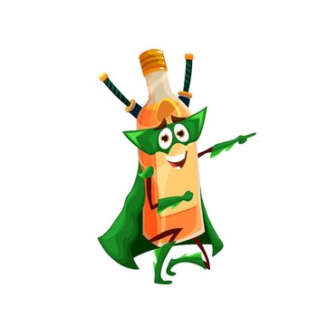 Cartoon mezcal ninja defender, mexican tequila superhero character. Isolated vector super hero bottle in green cape, boots, gloves and mask with ninjato swords on back. Funny alcohol drink personage