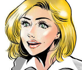 American comic book style color illustration of a sexy American blonde beauty wearing suit.