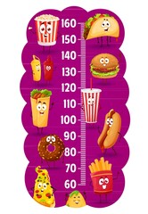 Fast food cartoon characters on kids height chart. Children growth measure meter ruler scale with popcorn bucket, tacos, burrito, hamburger and hot dog, pizza, french fries and donut, soda and nachos