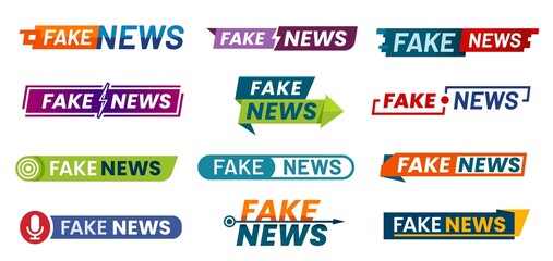 Fake news icons and backgrounds for social media disinformation, vector banners. Fake news header for newspaper hoax or live broadcast in TV studio, fake information and propaganda message signs