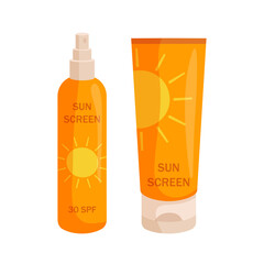 Tube of sunscreen and spray. Protection for the skin from solar ultraviolet light. Flat vector illustration isolated on white background.