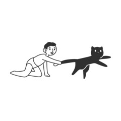Small child pulls cat by tail. flat vector illustration. Mischievous and naughty children playing and destroying room