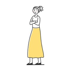 Woman with her arms crossed on her chest. Men and women chatting with dialog bubbles and gestures. Vector illustration for communication