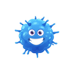 Cartoon funny virus or microbe character. Blue bacteria, microorganism cute smiling mascot, happy smiling germ cell biology and healthcare isolated vector character or personage