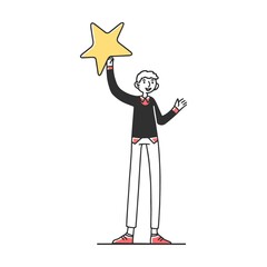 Customer holding review star flat vector illustration. People giving award for good quality and service. Excellence rating and client feedback