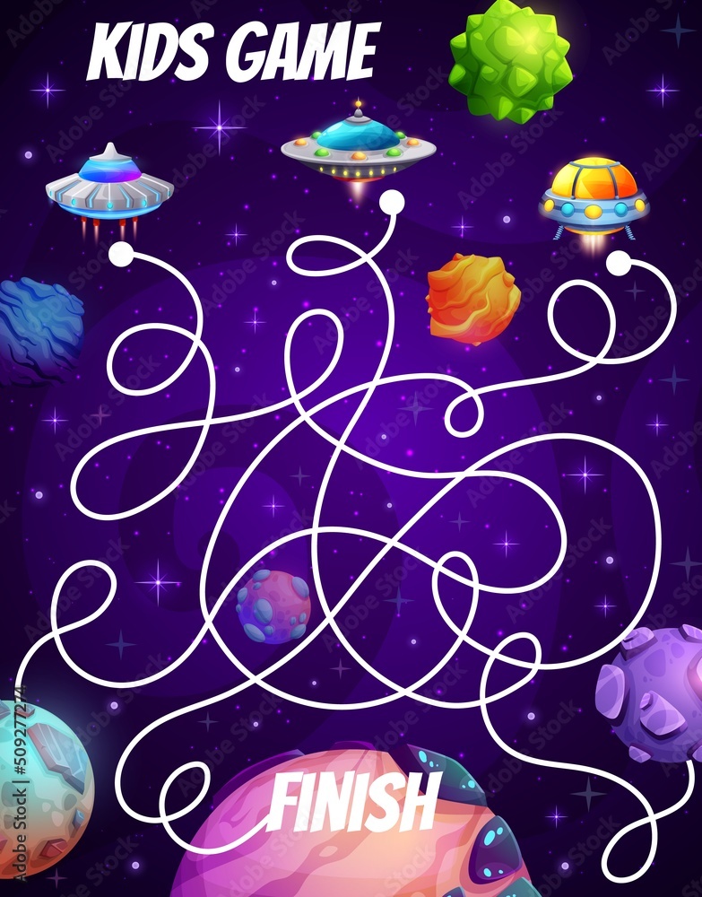 Aufkleber space labyrinth maze game. cartoon galaxy planets and ufo saucers on kids game or riddle with search