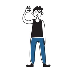 Active boy hiking in park. Men and women standing and walking outdoors flat vector illustration. Lifestyle, recreation, leisure concept