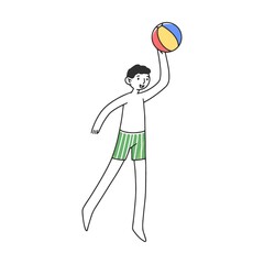 Guy throws inflatable ball on beach. flat vector illustration. Happy cartoon characters in swimwear playing, surfing, diving. Summer, vacation and activity concept